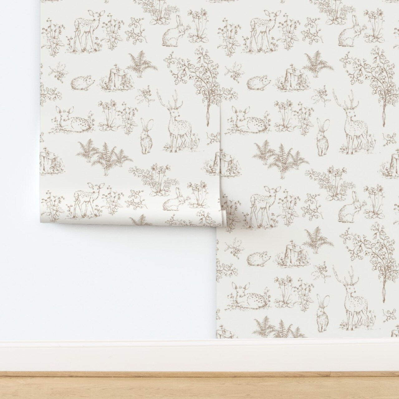 Neutral Woodland Animals Hand Drawn Deer Rabbit Hedgehog Whimsical Sketch Forest Toile Nursery Custom Removable Wallpaper by Spoonflower Peel & Stick Wallpaper 2FT Wide